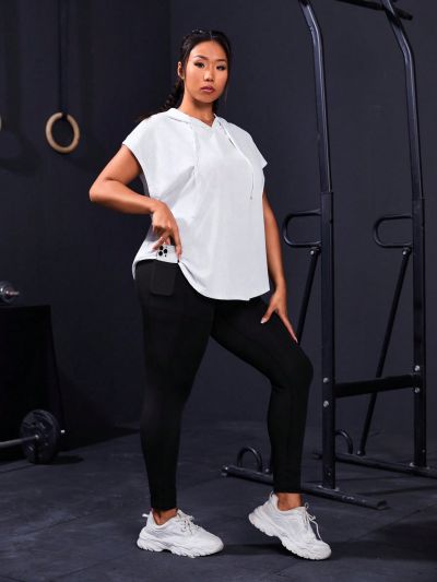 Yoga Basic Plus Size Short Sleeve Pure Color Drawstring Hooded Top And Long Pants Yoga Sports Suit