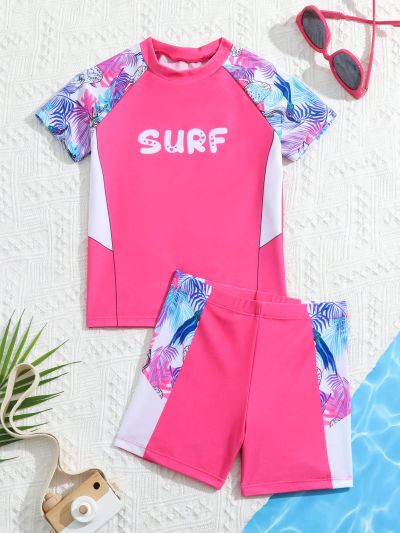 Young Girl Tropical Letter Print Short Sleeve Top & Shorts Swimwear Set