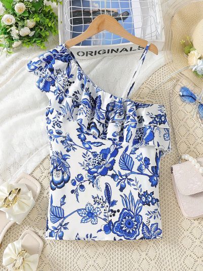 Teen Girl Summer Vintage Hollow Out Shoulder & Ruffle Trim Detail Blouse