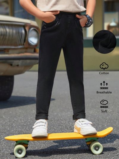 SHEIN Young Boys' Comfortable Soft High Elasticity Slim Fit Washed Fashionable Casual Denim Jeans