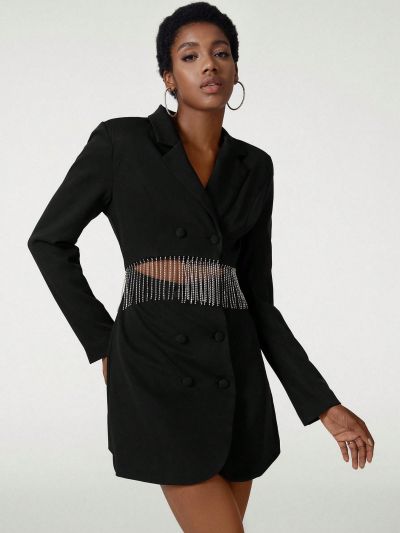 Isabelle WANG Women'S Short Cut Suit Jacket With Rhinestone & Tassel Detail