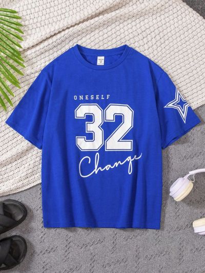 SHEIN Tween Boys' Loose Fit Casual Round Neck Short Sleeve Knit T-Shirt With Letter & Pentagram Design