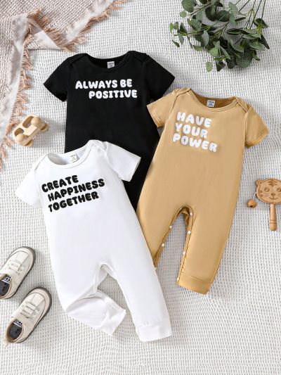 3pcs/Set Baby Boy Summer Casual Letter Print Short Sleeve Romper Bodysuit Outfits