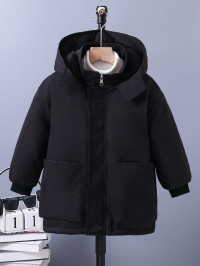 Boys' Thickened Fleece-lined Hooded Jacket With Large Pocket, Winter