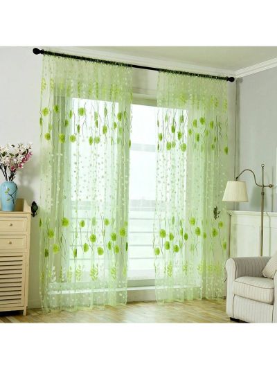 Printed Tulle Window Sheer Curtains Rod Pocket Transparent Tulle Window Floral Drape Panel Window Screen for Window Bedroom Balcony Living Room Kitchen 78.7" H x 39.4" W Green