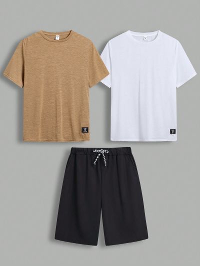 SHEIN Teenage Boys' Casual Patchwork Letter Patch Decor Round Neck Short Sleeve Knitted Tee And Solid Color Weave Shorts Outfit Set, 3pcs