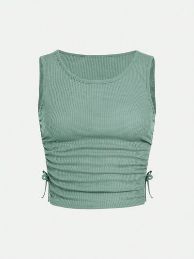 SHEIN Teen Girl's Plaid Drawstring Ruffle Round Neck Casual Tank Top