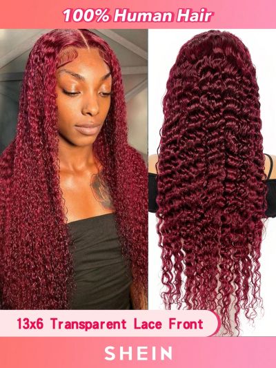 13*6 Transparent Lace Front Wig 18-30inch Burgundy Deep Wave Human Hair Wigs With Baby Hair Pre Plucked For Women