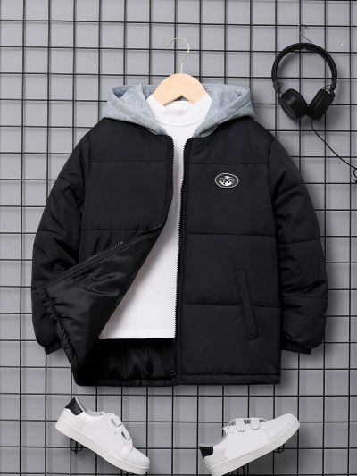 SHEIN Tween Boy 1pc Letter Patched Detail Zipper Hooded Puffer Coat