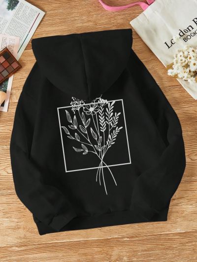 Floral Print Kangaroo Pocket Drawstring Thermal Hoodie