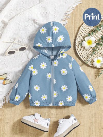 SHEIN Baby Girls' Casual Hooded Wind Jacket With Small Flower & Jeans Pattern
