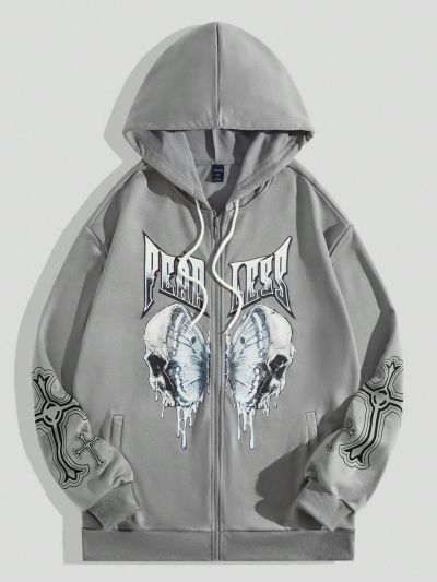 ROMWE Grunge Punk Men's Hooded Sweatshirt With Letter & Butterfly Print, Drawstring & Zipper Closure