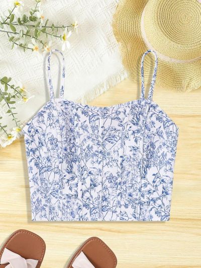 SHEIN Teen Girls' Blue And White Porcelain Printed Cami Top