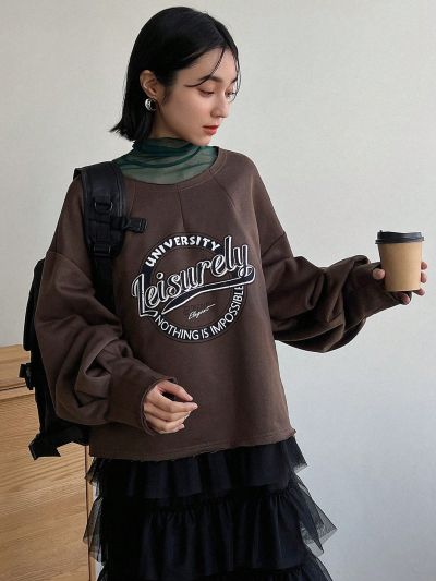 FRIFUL Text Pattern Printed Round Neck Casual Sweatshirt