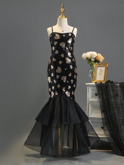 Girls' Sequined Heart Shaped Sheer Fish Tail Strap Dress