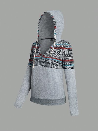 Printed Patchwork Drawstring Hoodie