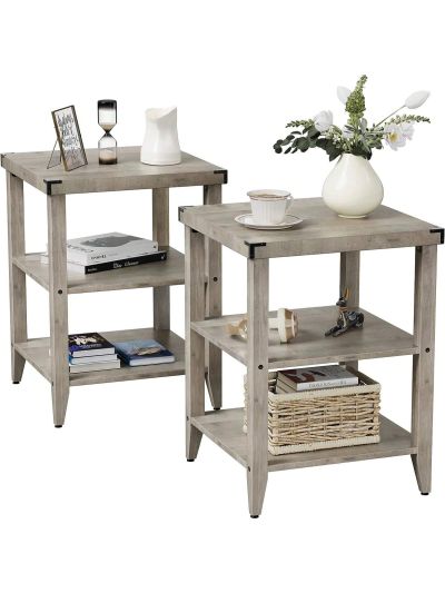 Farmhouse End Table, 3-Tier Side Table Small End Table with Storage Shelf for Small Space, Wood Nightstand for Living Room Office Bedroom