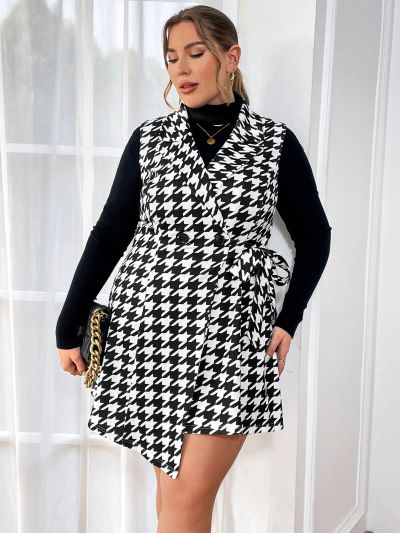 SHEIN Privé Plus Size Women's Houndstooth Knot Detail Side Blazer