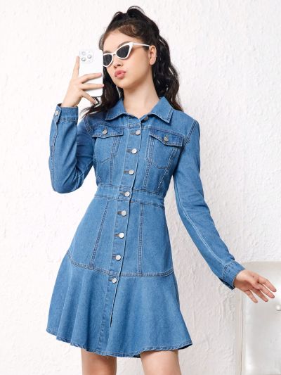 Teen Girl Flap Pocket Ruffle Hem Denim Dress