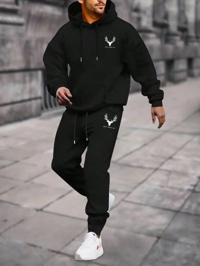 Men'S Letter & Deer Head Printed Hoodie And Jogger Pants Set