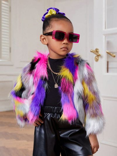 SHEIN Kids Cooltwn Young Girl Color Block Fuzzy Coat