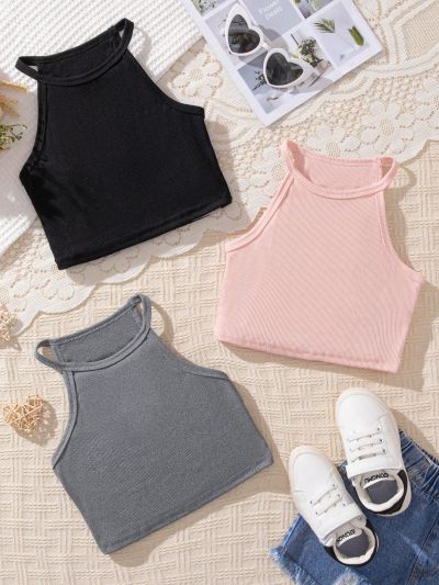 SHEIN Kids QTFun Tween Girls' Halter Neck Cropped Tank Top Set