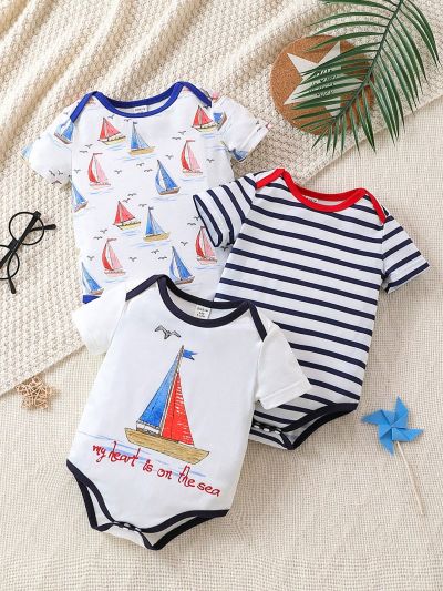 Baby Boy 3pcs Cute Boat Sail & Stripe Pattern Short Sleeve Romper, Spring/Summer Casual