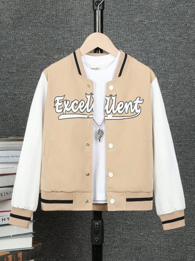 Girls' Letter Printed Contrast Color Jacket For Tween