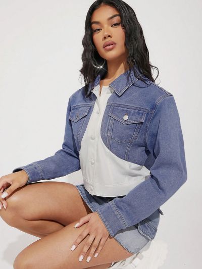 Luxe Colorblock Flap Pocket Crop Denim Jacket