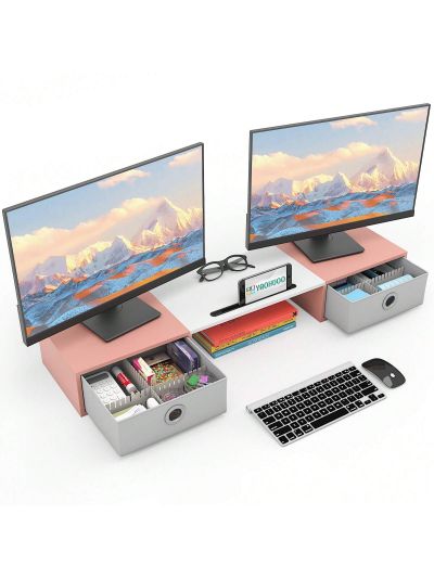 YAOHUOO Dual Monitor Stand with 2 Drawers, Computer Monitor Riser for 2 Monitors, Large Desktop Organzier with Storage for PC/Laptop/Computer/TV Screen/Printer