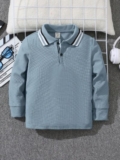 SHEIN Toddler Boys' Comfortable And Loose Fit Knit Long Sleeve Polo Shirt