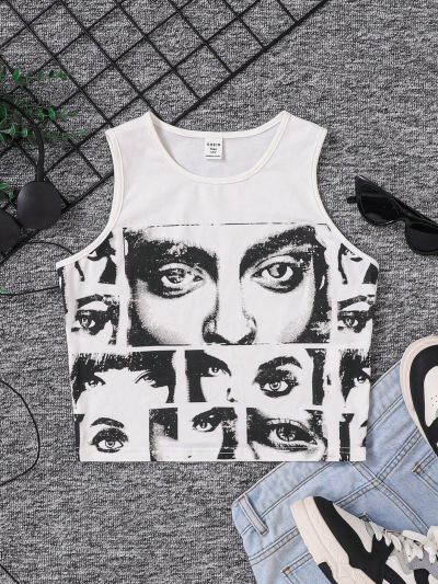 SHEIN Teen Girls' Knitted Solid Color Casual Tank Top With Portrait Pattern