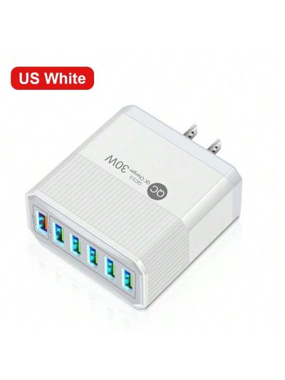 1pc White Us-type Plug 30w Usb Charger Quick Charge3.0 6-port Usb Quick Charger, Wall Charger Compatible With Iphone Xiaomi Samsung Multi-port Mobile Phone Charging Adapter