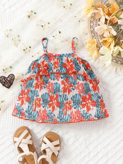Baby Girl Vacation Style Floral Pattern Pleated Camisole Top