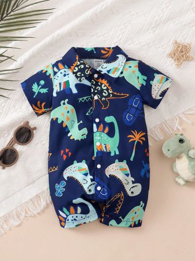 Baby Boys' Lovely Cartoon Dinosaur & Plant Printed Shirt Collar Short Sleeve Romper With Front Buttons