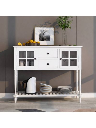 Sideboard Console Table with Bottom Shelf, Farmhouse Wood/Glass Buffet Storage Cabinet Living Room