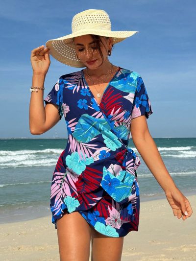 SHEIN Swim Classy Women's Tropical Plant Print Kimono Jacket