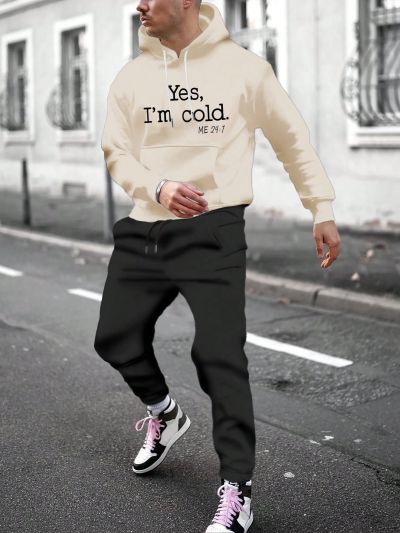 Men's Plus Size Hooded Fleece Sweatshirt And Pants Set With Slogan Printing And Drawstring Design