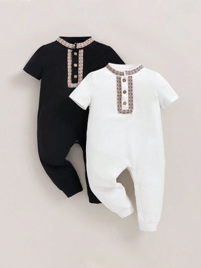 SHEIN Baby Boys' Decorative Woven Belt Stand Collar Jumpsuit With Pants Set