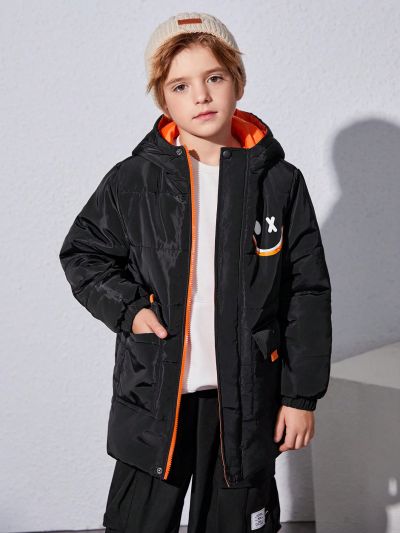 SHEIN Tween Boy Cartoon Graphic Flap Pocket Hooded Winter Coat