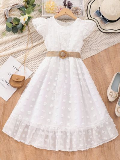 SHEIN Kids Nujoom Tween Girls' Swiss Polka Dot Flying Sleeve Dress For Older Children