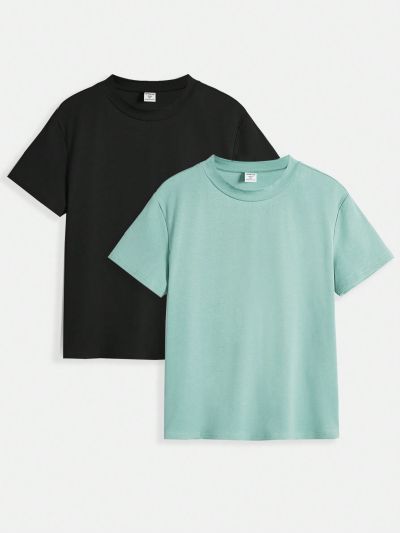 SHEIN Kids EVRYDAY Tween Boys' Casual Comfortable Solid Color T-Shirt (2 Colors/Set)