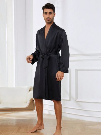 Men Solid Belted Satin Sleep Robe