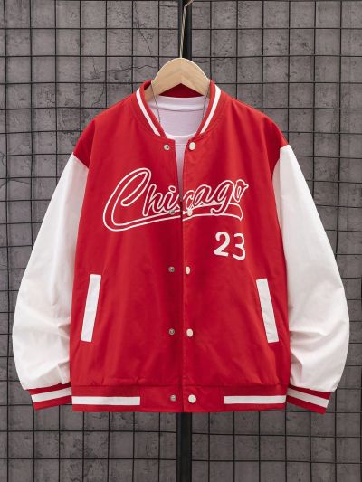 Teen Boys' Spring/Autumn Letter Print Color Block Baseball Jacket