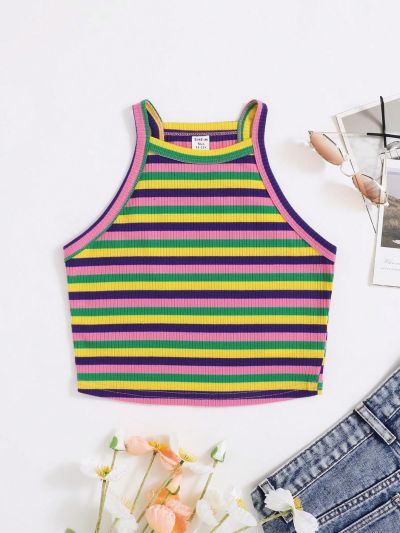SHEIN Teen Girl Knitted Colorful Striped Slim-Fit Casual Tank Top