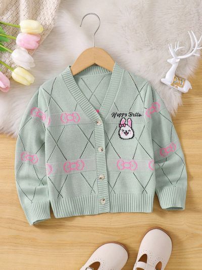SHEIN Kids CHARMNG Girls' Cardigan With Lovely Rabbit & Bowknot Pattern