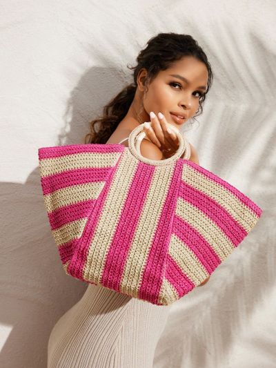 SHEIN VCAY Two Tone Woven Double Handle Striped Women's Tote Bag