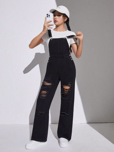 SHEIN Teenage Girl's Distressed Denim Overalls
