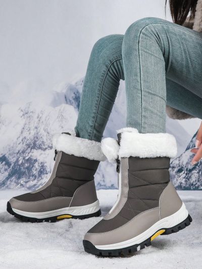 Gray Zipper Mid-calf Boots With Fleece Lining, Warm Outdoor Hiking Shoes