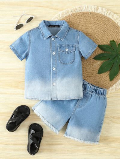 Young Boy Casual Comfortable Gradient Short Sleeve Denim Shirt And Shorts Outfits